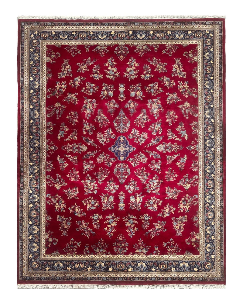 Indo Persian Sarouk Rug 10x14, Large Red and Navy Blue Carpet, Traditional Floral Wool Rug by Jewel Rugs