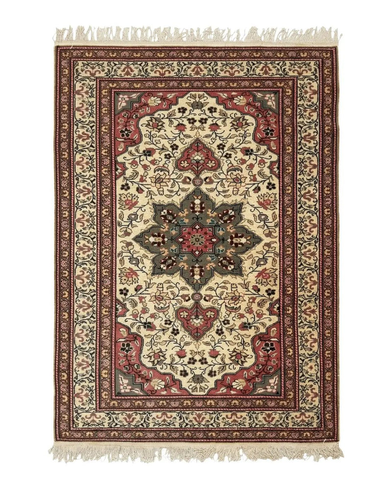 Turkish Sivas Rug 4x6, Floral Medallion, Beige Pink-Red Green, Handmade by Jewel Rugs