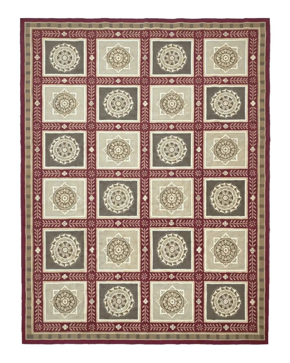 Needlepoint Rug 9x12, Panel Design, Burgundy Taupe, Elegant by Jewel Rugs