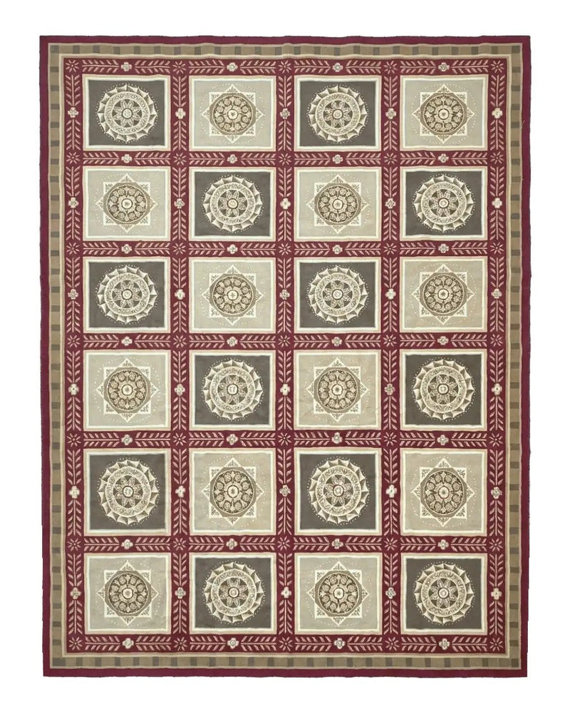 Needlepoint Rug 9x12, Panel Design, Burgundy Taupe, Elegant by Jewel Rugs