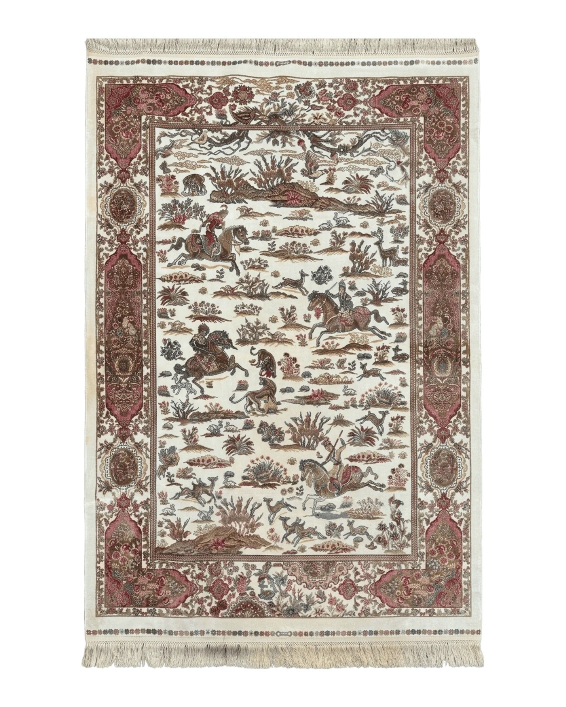 Turkish Silk Hunting Scene Rug 4x6, Ivory, Bamboo Silk, New by Jewel Rugs