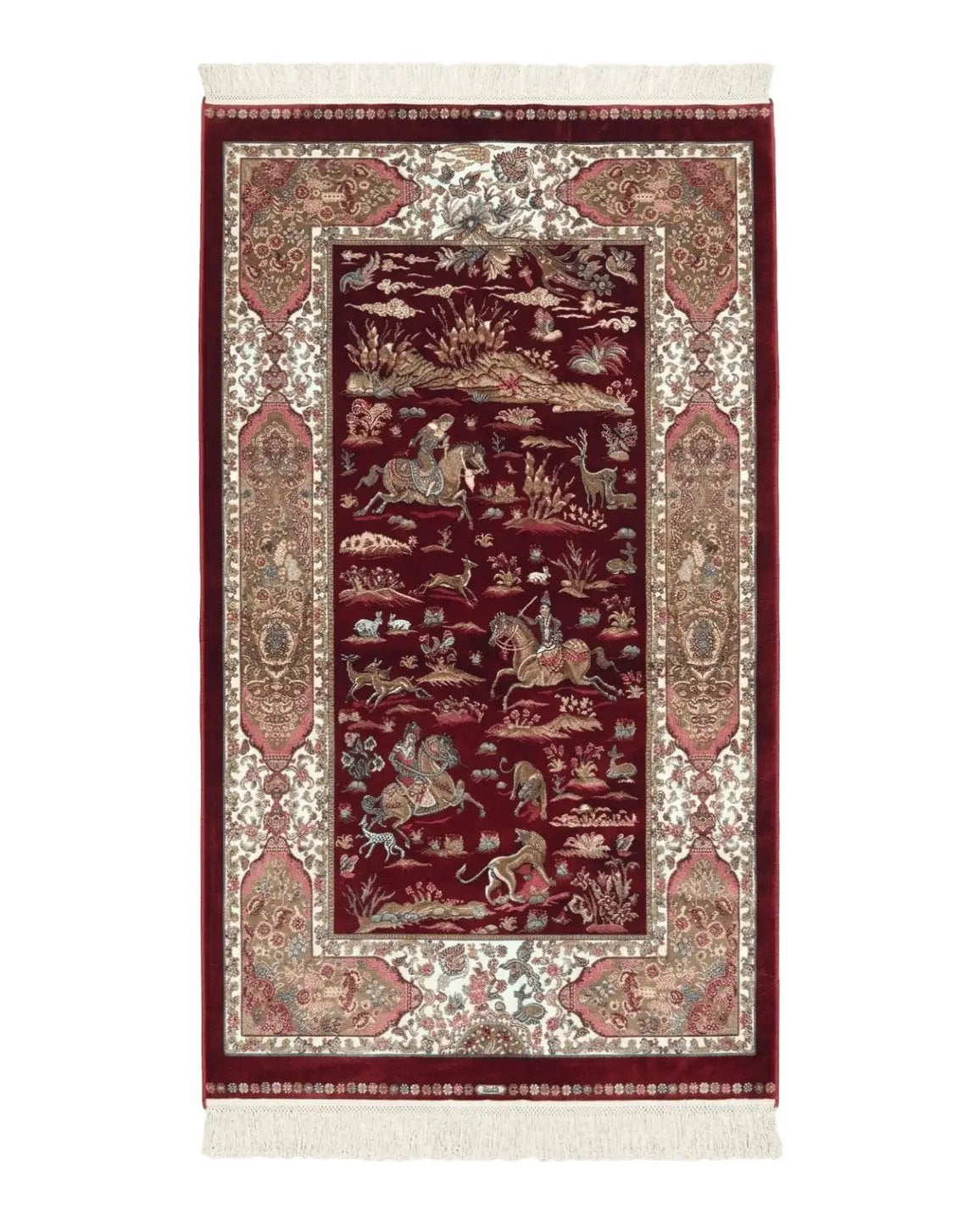 Turkish Silk Rug 3x5, Hunting Design, Dark Red & Ivory, Bamboo Silk, New by Jewel Rugs