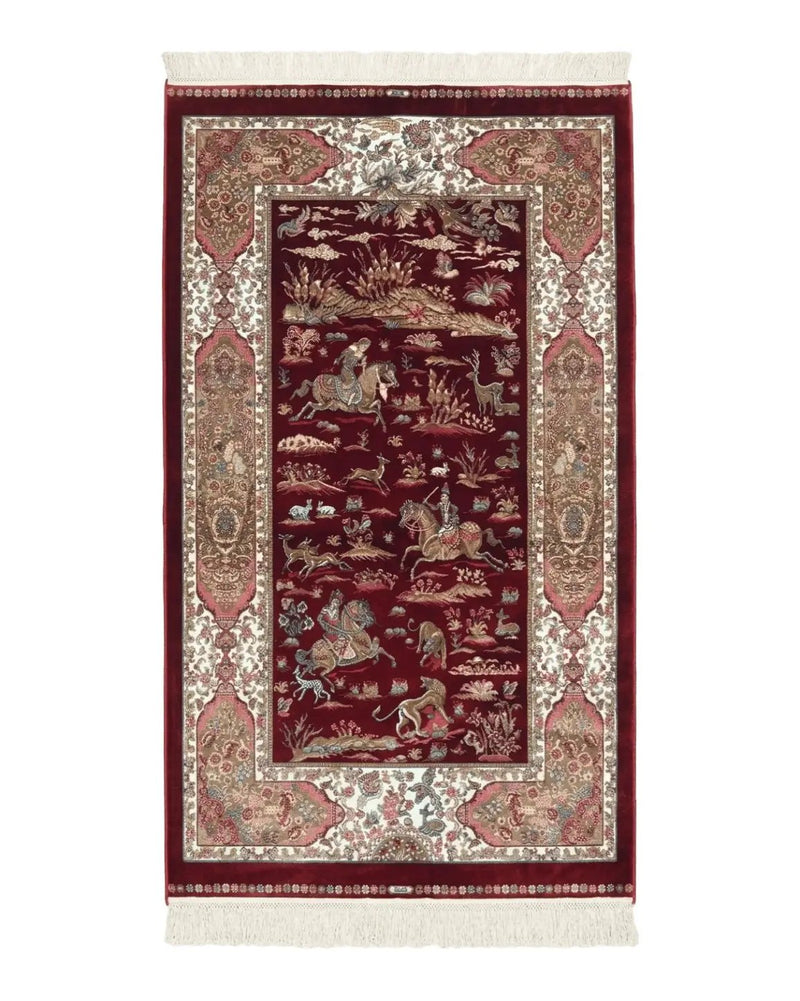 Turkish Silk Rug 3x5, Hunting Design, Dark Red & Ivory, Bamboo Silk, New by Jewel Rugs