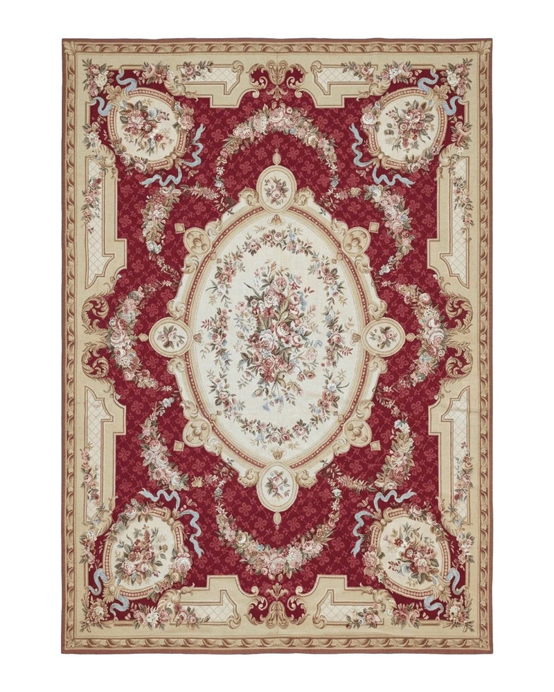 Aubusson Rug 8x11, Needlepoint Carpet, Red Ivory Beige, Vintage, French European Design by Jewel Rugs