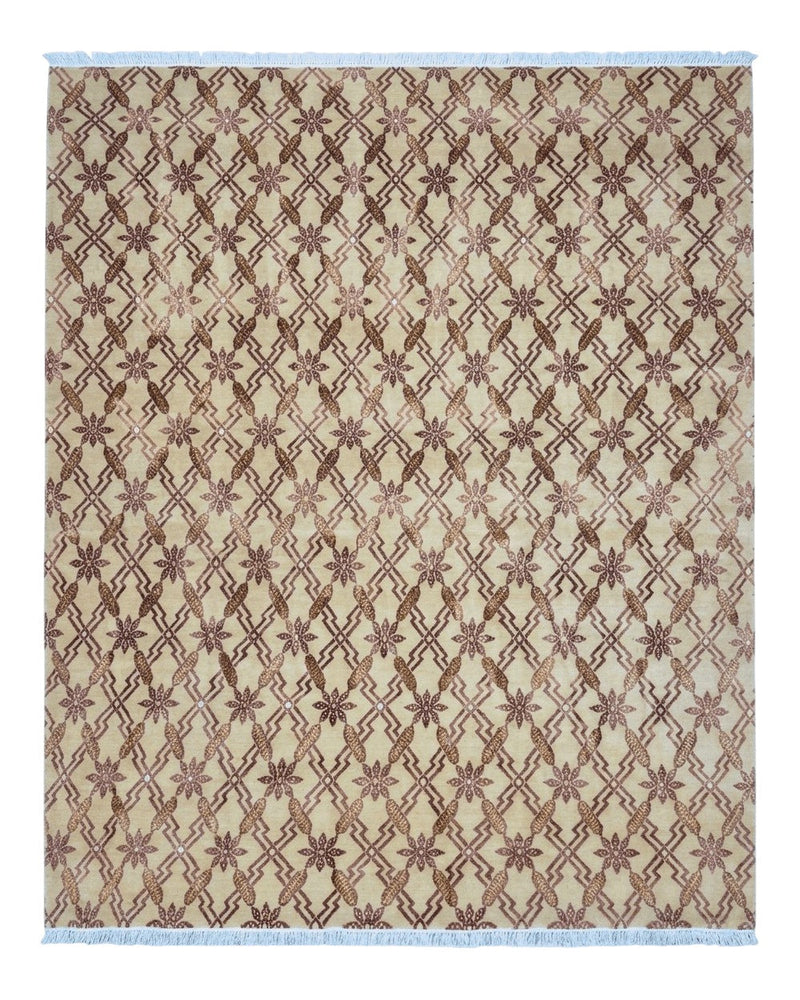 Tibetan Rug 8x10, Wool with Silk Highlights, Beige and Maroon, Contemporary Carpet by Jewel Rugs