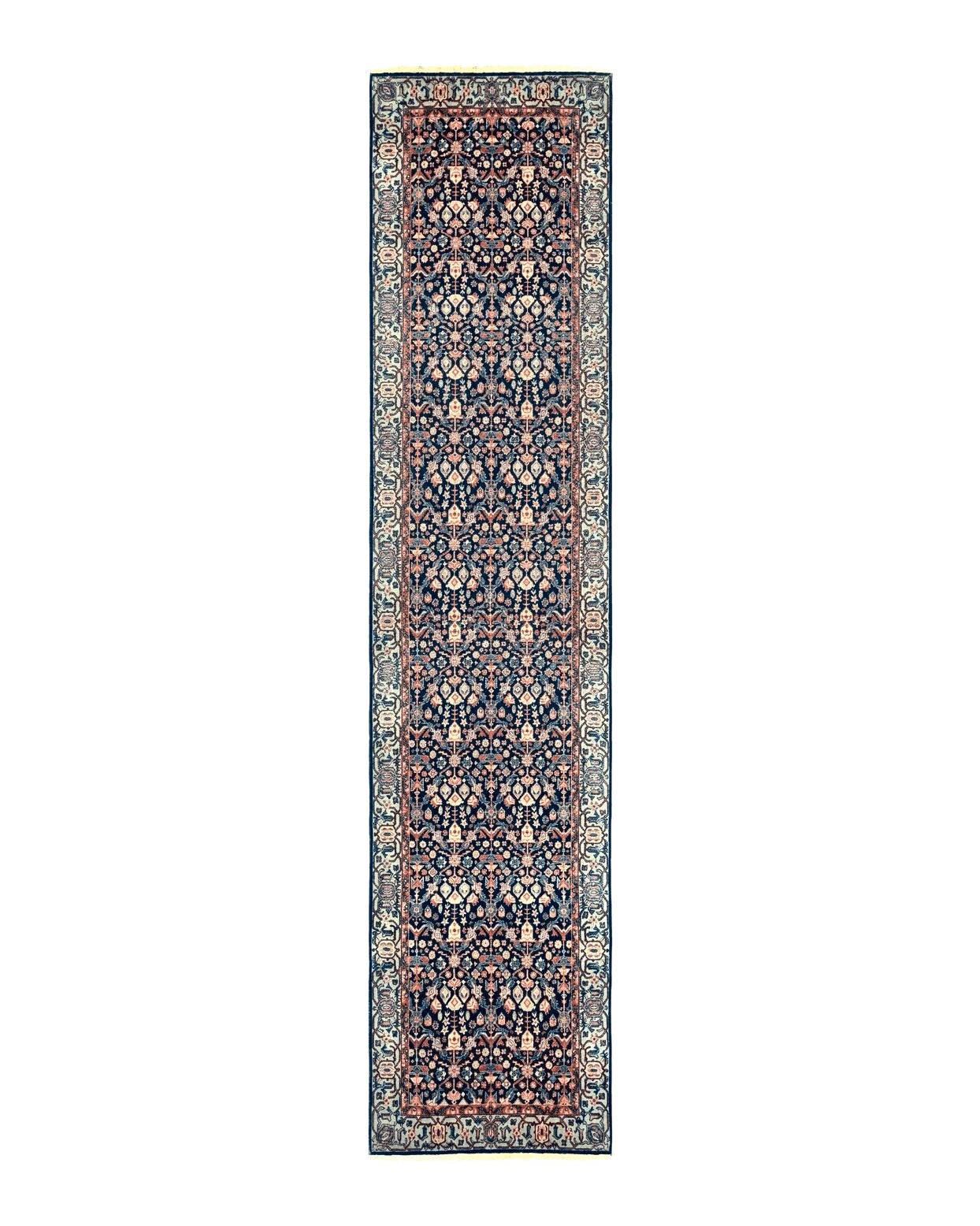 Indo Persian Runner Rug 2.8 x 12, Navy Blue, Floral, Fine 270 KPSI by Jewel Rugs