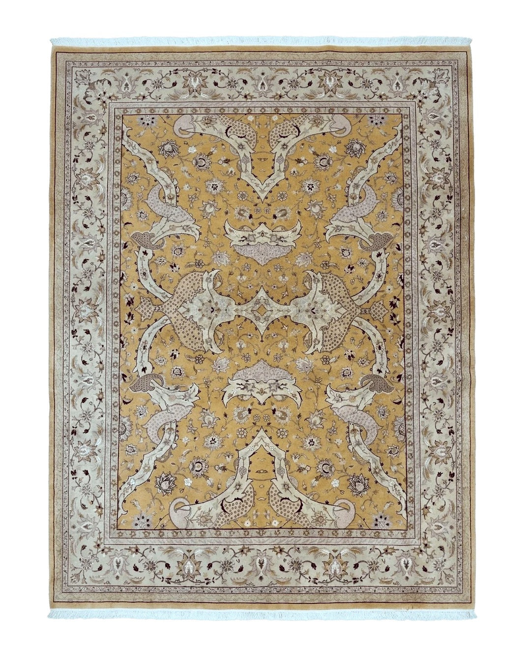 Sino Persian Rug 8x11, Wool with Silk Highlights, Unique Colors, Gold and Light Green, Fine 240 KPSI by Jewel Rugs