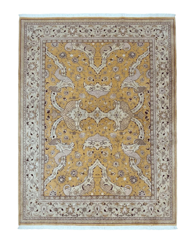 Sino Persian Rug 8x11, Wool with Silk Highlights, Unique Colors, Gold and Light Green, Fine 240 KPSI by Jewel Rugs