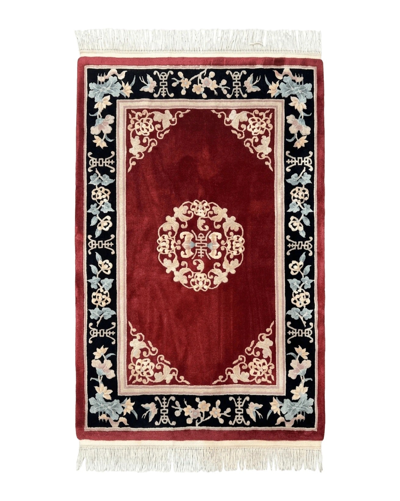 Chinese Wool Rug 4x6, Maroon and Black, Butterflies, Chinese Oriental Carpet, 90 Line Rug by Jewel Rugs