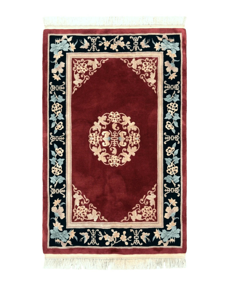 Dark Red Chinese Wool Rug 4x6, Chinese 90 Line Rug, Carving Rug, Handmade, Pair B by Jewel Rugs