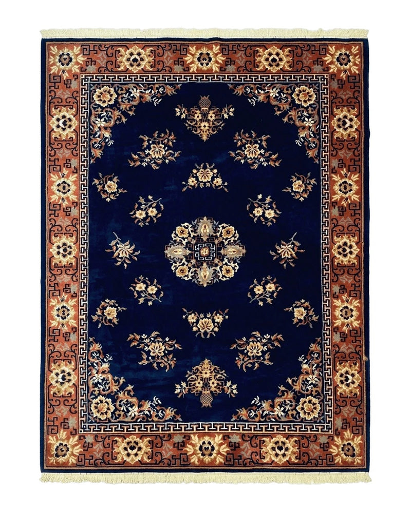 Chinese Wool Rug 8x11, Navy Blue and Terracotta, Floral, Couristan Belgium Power Loomed Carpet by Jewel Rugs