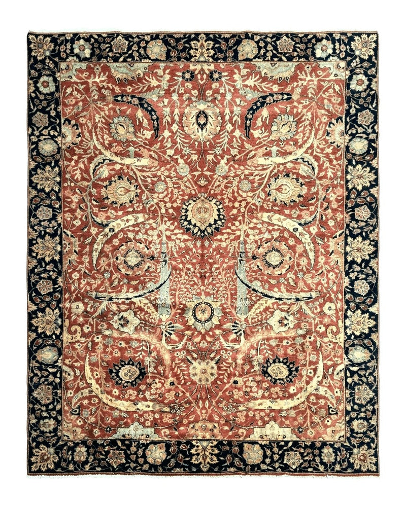 Indian Agra Rug 9x11, Terracotta and Navy Blue, Sickle Leaf Rug by Jewel Rugs