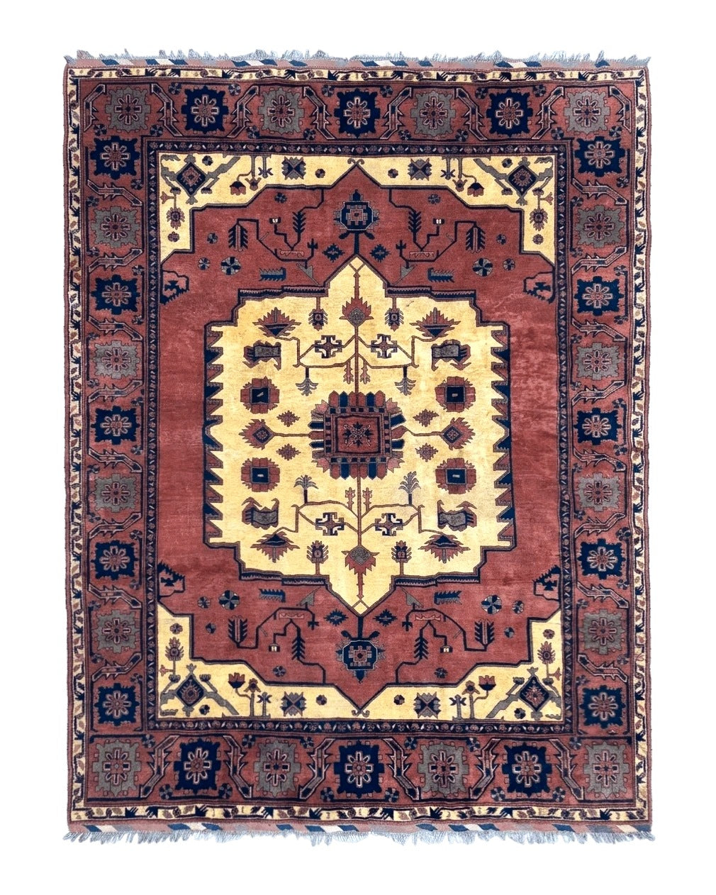 Afghan Heriz Rug 9x12, Tribal Geometric Serapi Carpet, Rust Cream and Navy, Wool on Wool by Jewel Rugs