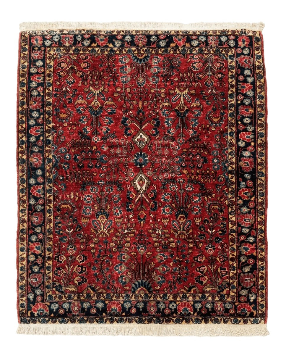 Antique Persian Sarouk Rug 3x4, Red, Floral, 1920s Wool Rug by Jewel Rugs