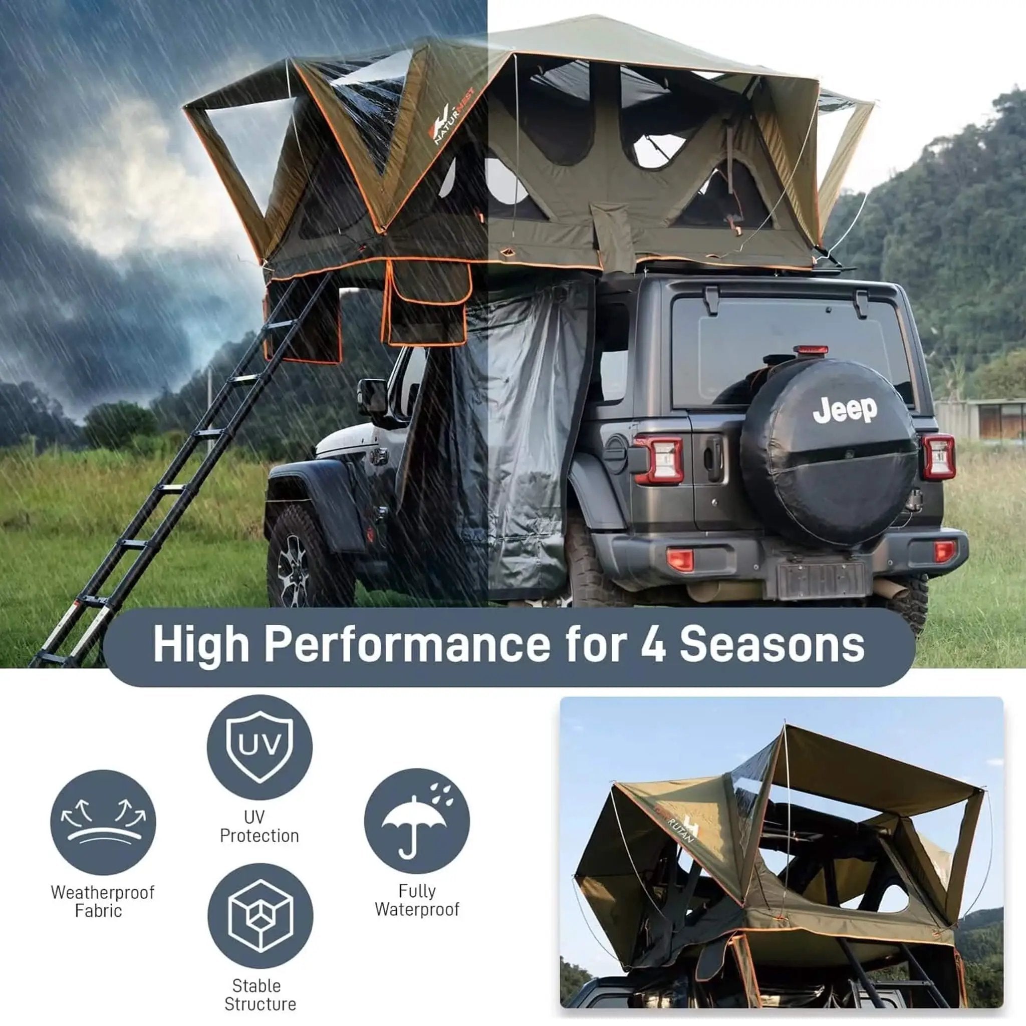 Naturnest Andromeda Green Soft-Shell Rooftop Tent With Large Panoramic Skylight & YKK Doors (SAK50612) by SAKSBY WHOLESALE