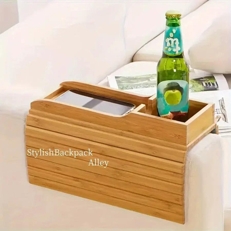 Stylish Bamboo Sofa Armrest Tray with Cup Holder - Anti-Fall Design, Foldable Storage Table for Snacks, Phones, Beverages & Cups, Contemporary Home Accessory, Beverage Tray | Modern Bamboo Tray | Foldable Tray by House Of Avana