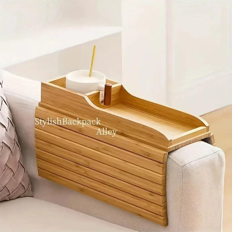 Stylish Bamboo Sofa Armrest Tray with Cup Holder - Anti-Fall Design, Foldable Storage Table for Snacks, Phones, Beverages & Cups, Contemporary Home Accessory, Beverage Tray | Modern Bamboo Tray | Foldable Tray by House Of Avana