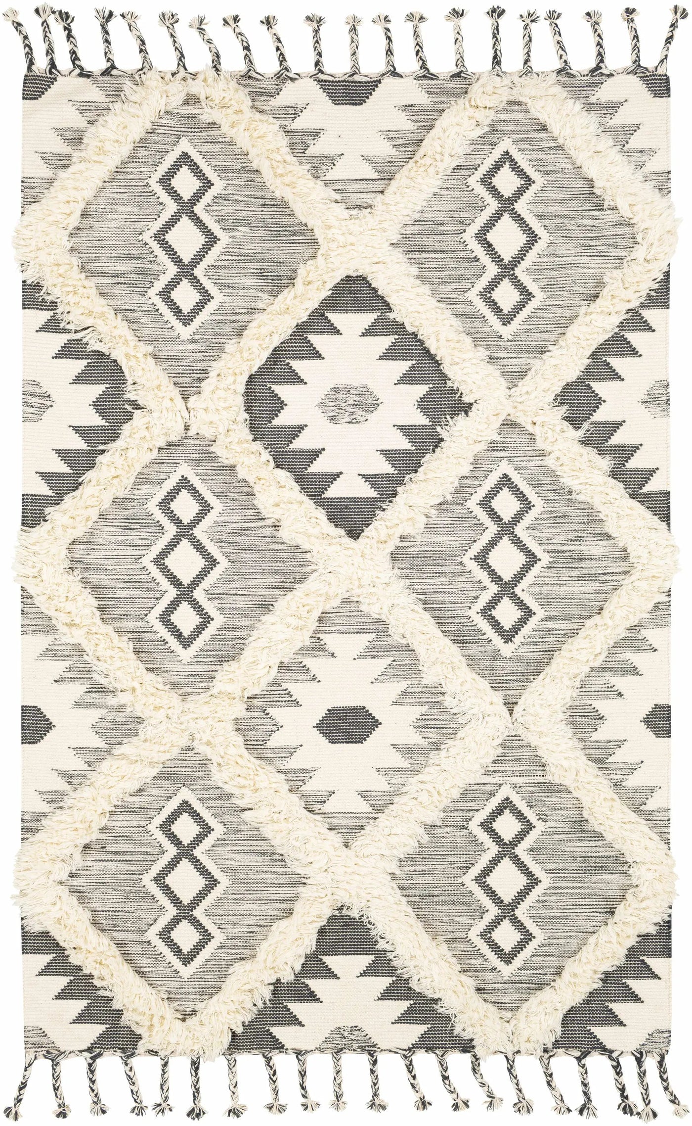 Sultan Charcoal/Beige Tribal Tassel Wool Rug - Clearance by Boutique Rugs