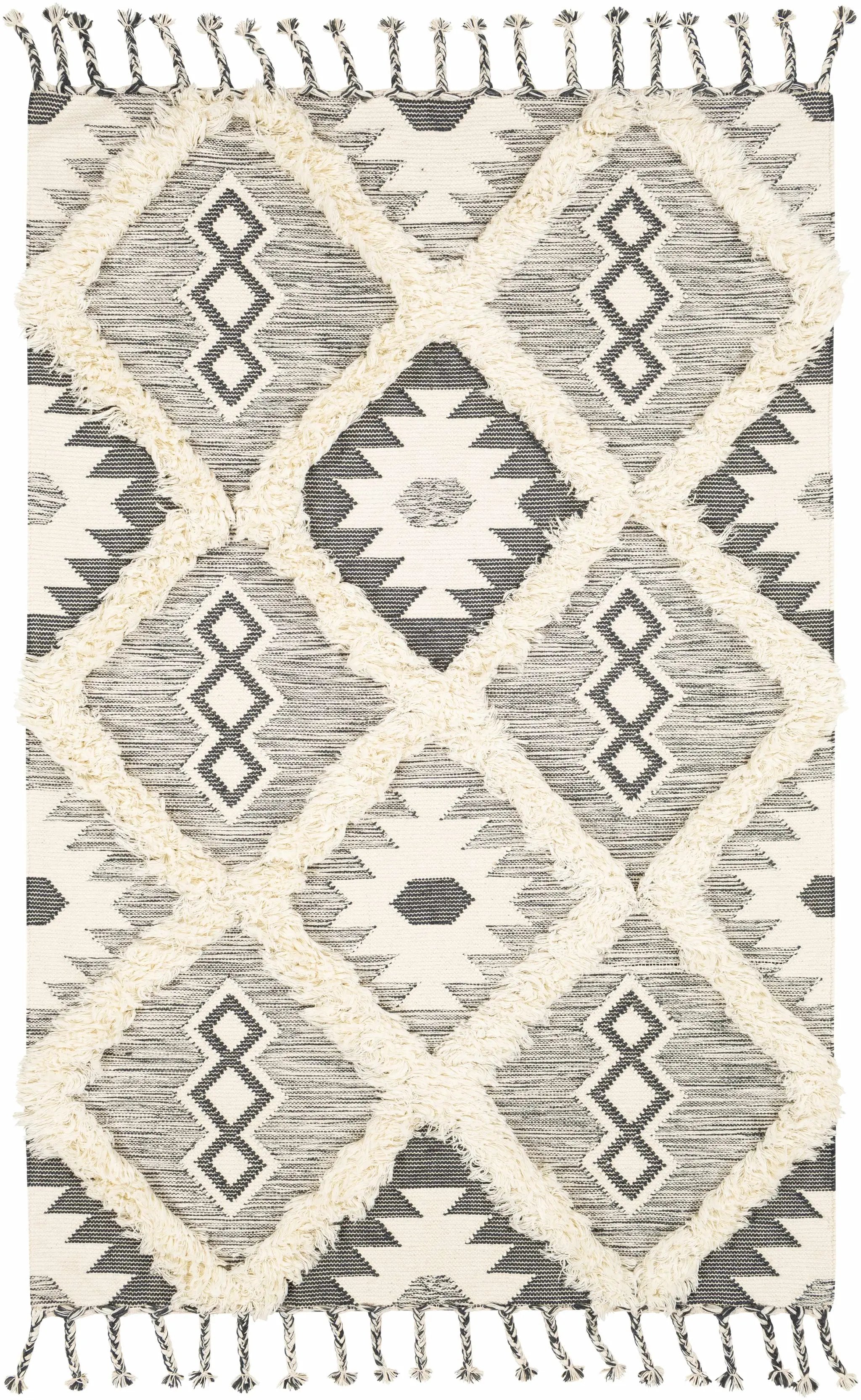 Sultan Charcoal/Beige Tribal Tassel Wool Rug - Clearance by Boutique Rugs