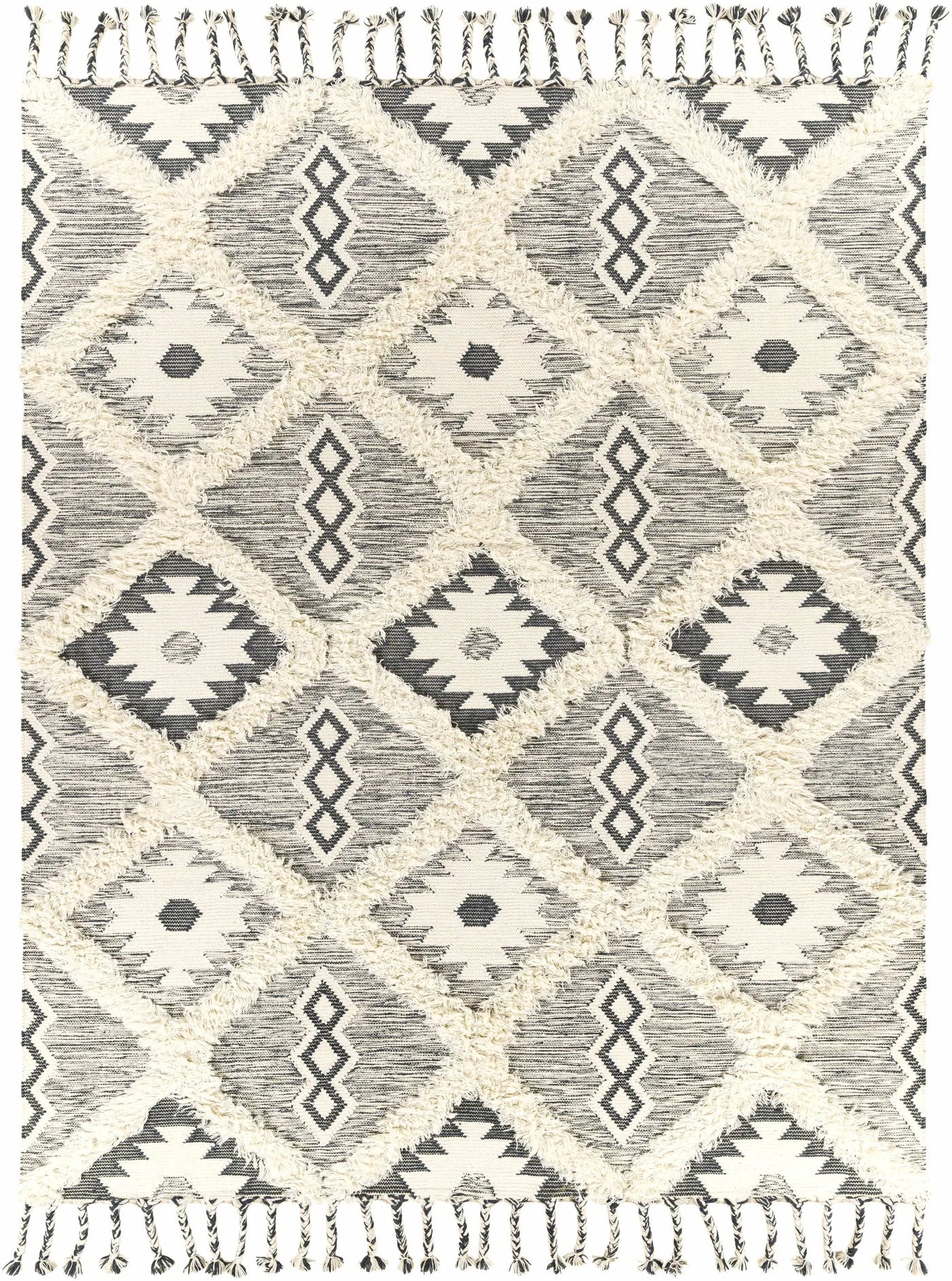 Sultan Charcoal/Beige Tribal Tassel Wool Rug - Clearance by Boutique Rugs