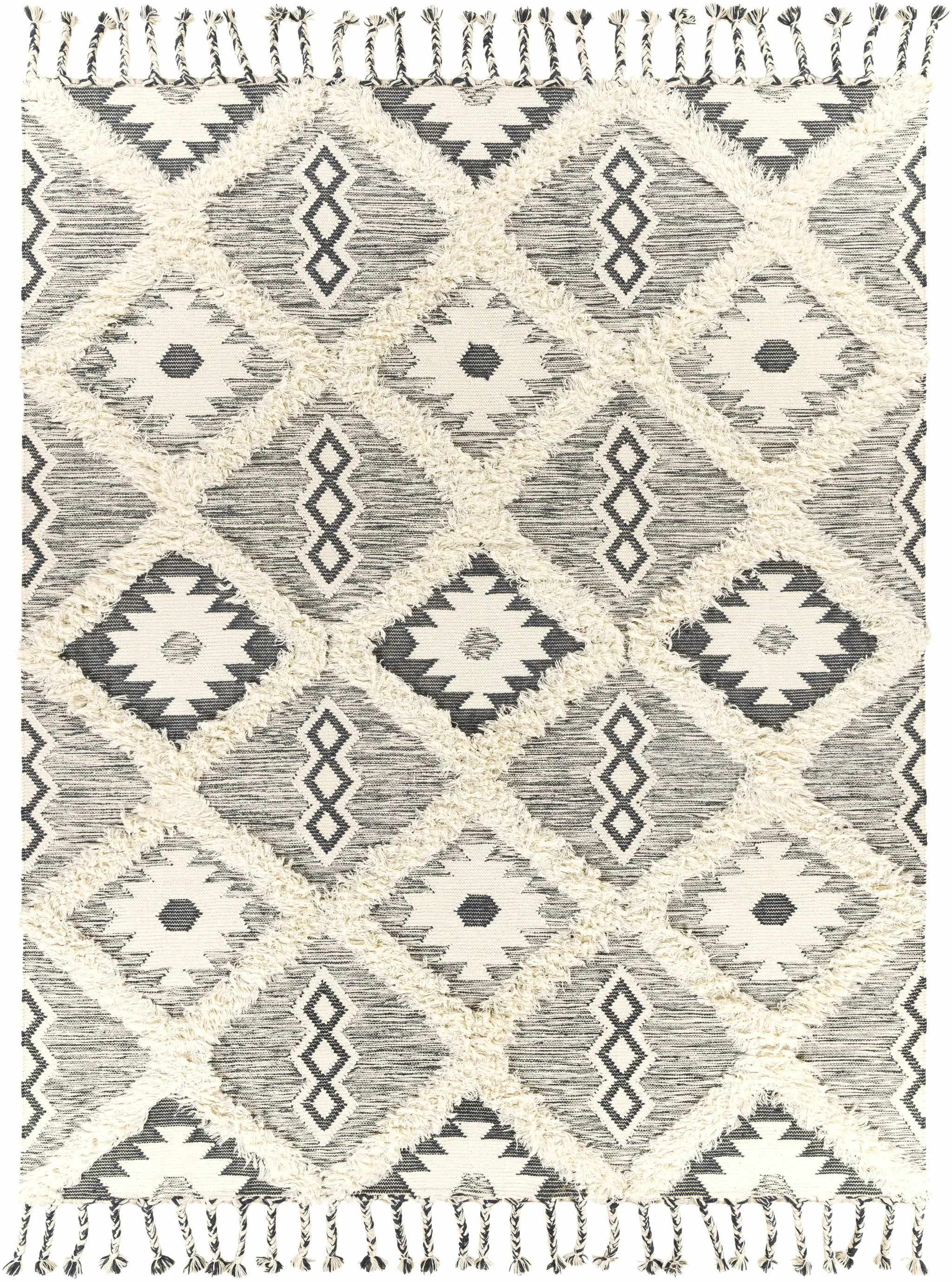 Sultan Charcoal/Beige Tribal Tassel Wool Rug - Clearance by Boutique Rugs