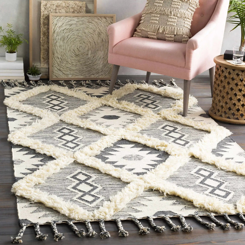 Sultan Charcoal/Beige Tribal Tassel Wool Rug - Clearance by Boutique Rugs