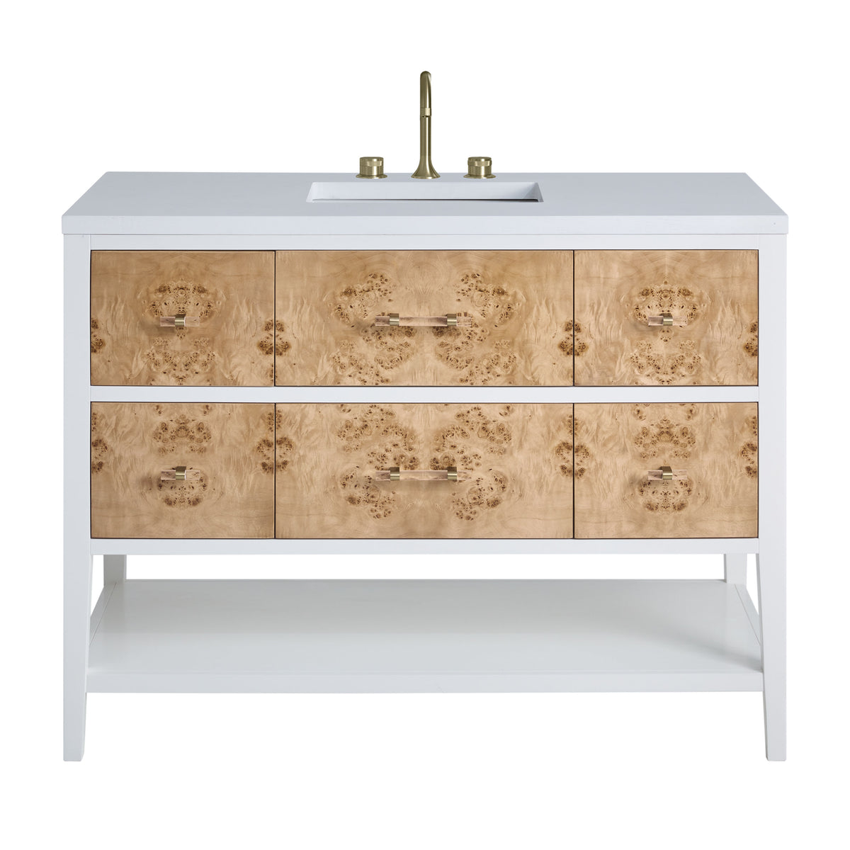 James Martin Olena 48" Single Bathroom Vanity, Polished White and Light Mappa Burl with White Zeus countertop