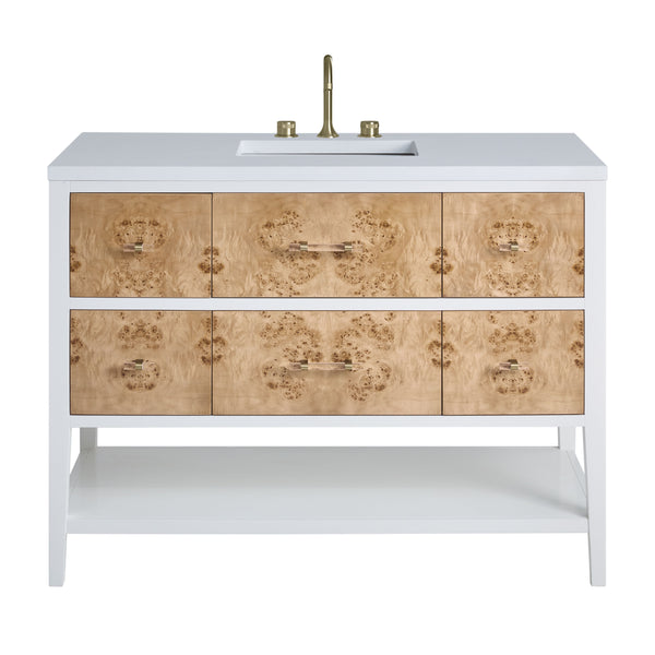 James Martin Olena 48" Single Bathroom Vanity, Polished White and Light Mappa Burl