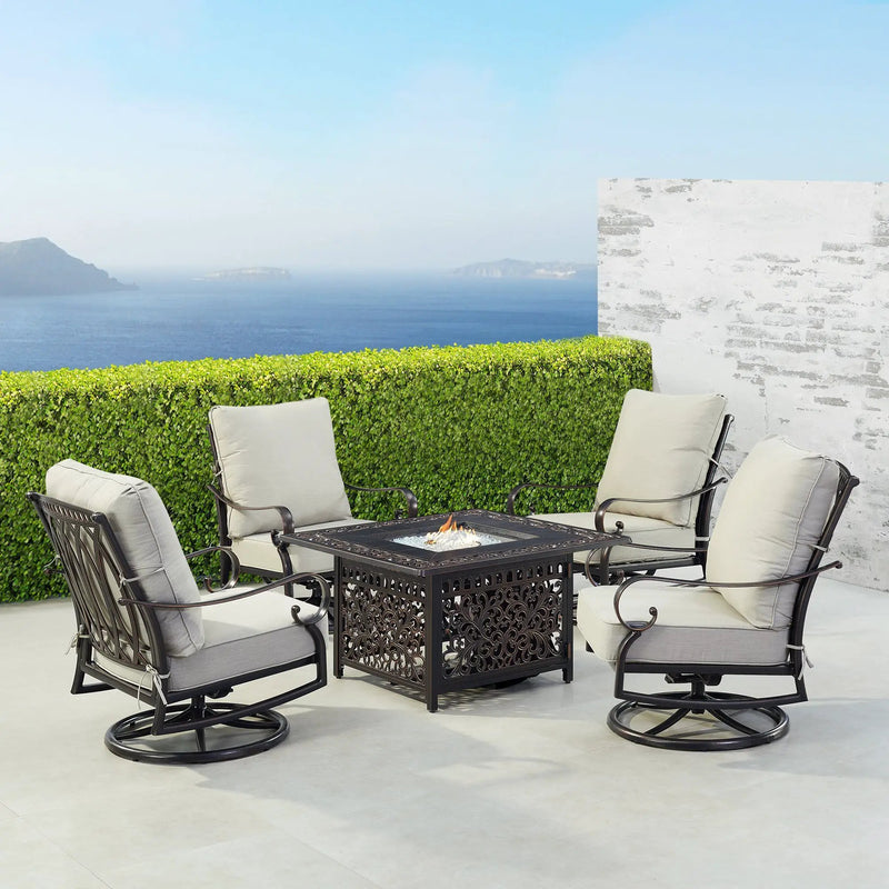 Black Aluminum Fire Table Set with Four Club Chairs by Sharicks