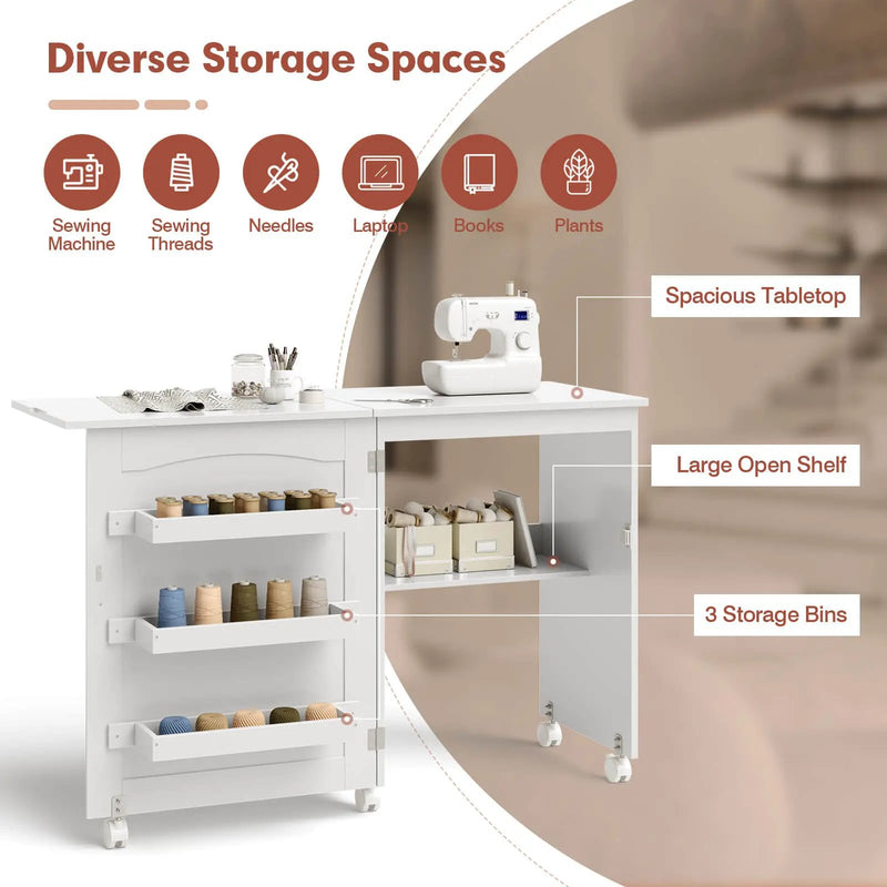 Folding Sewing Craft Table Shelf Storage Cabinet Home Furniture by DirectDeals