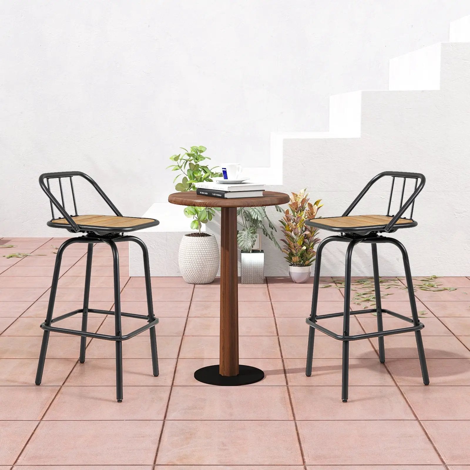 360° Swivel Bar Stool Set of 2 with Footrest and Backrest-Balck & Natural by DirectDeals