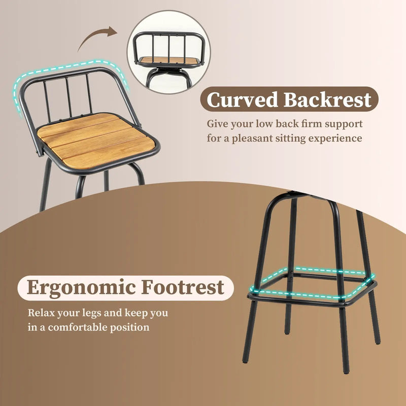360° Swivel Bar Stool Set of 2 with Footrest and Backrest-Balck & Natural by DirectDeals