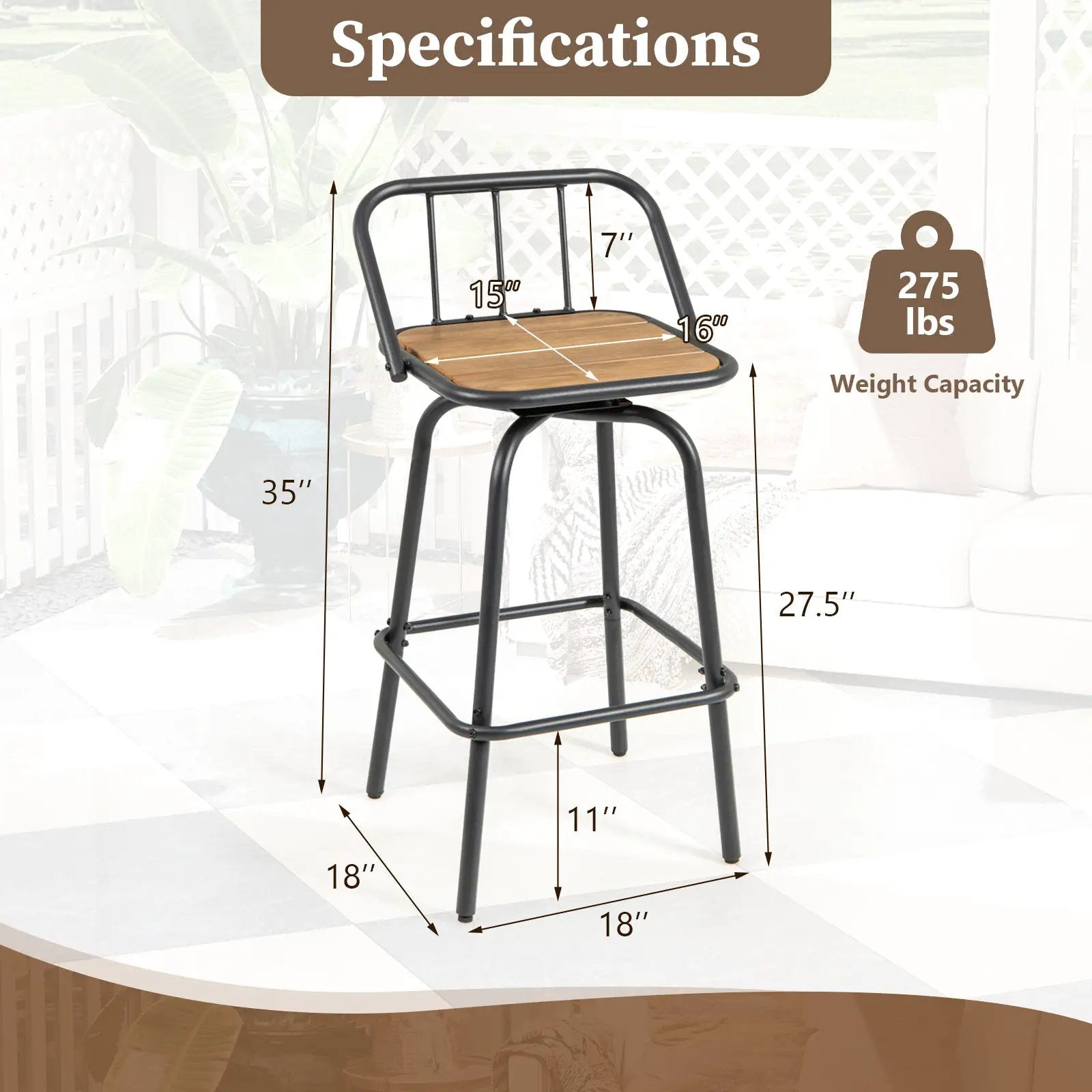 360° Swivel Bar Stool Set of 2 with Footrest and Backrest-Balck & Natural by DirectDeals