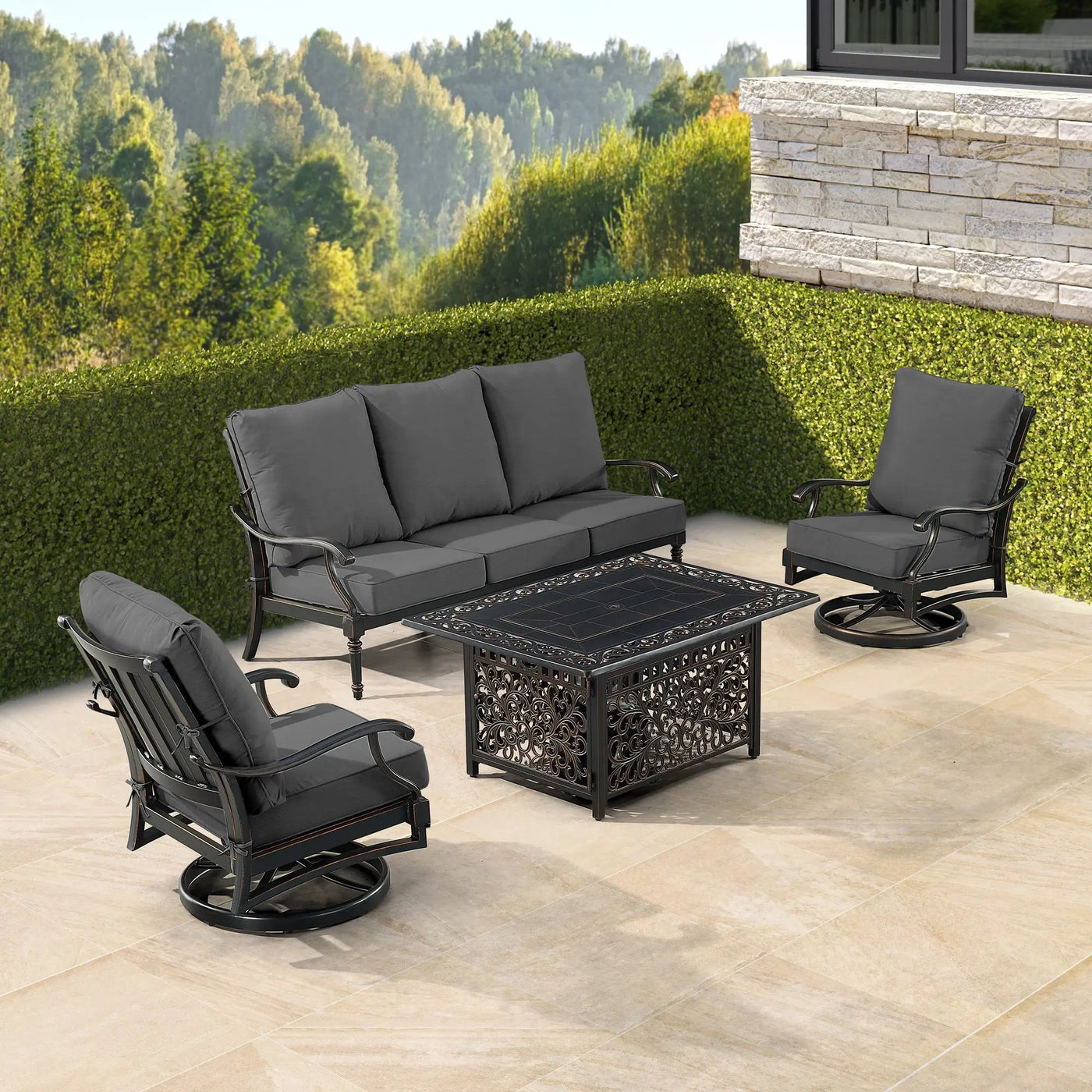 Black Aluminum Fire Table Set with Sofa and Two Club Chairs by Sharicks
