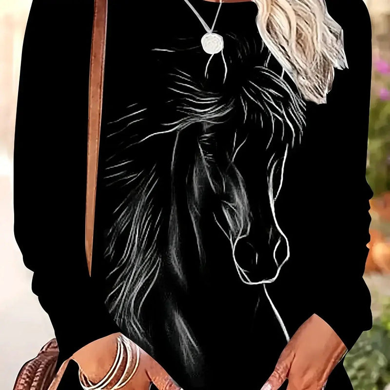 T-Shirt - Horse Print Cotton Long-Sleeve by House Of Avana