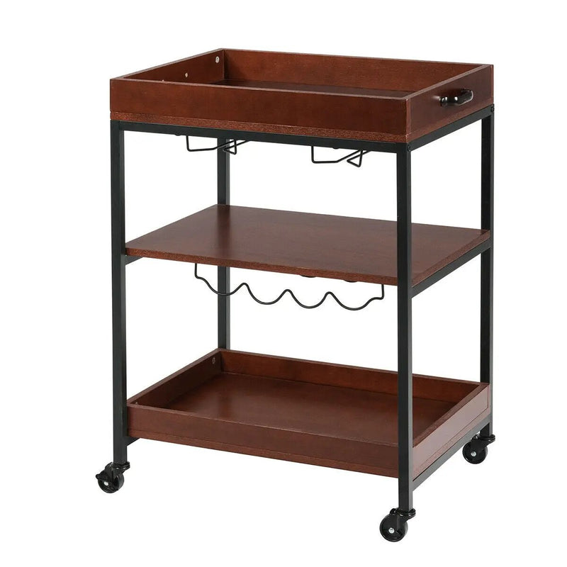 3 Tiers Kitchen Island Serving Bar Cart with Glasses Holder and Wine Bottle Rack by DirectDeals