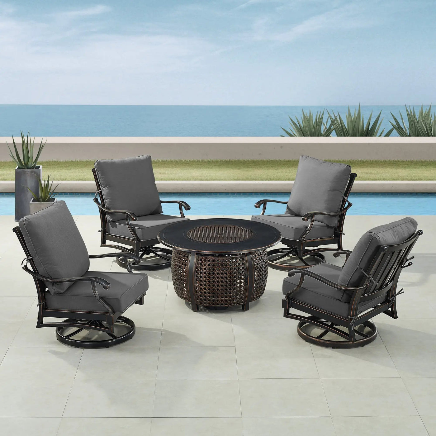 Black Aluminum Fire Table Set with Four Club Chairs by Sharicks