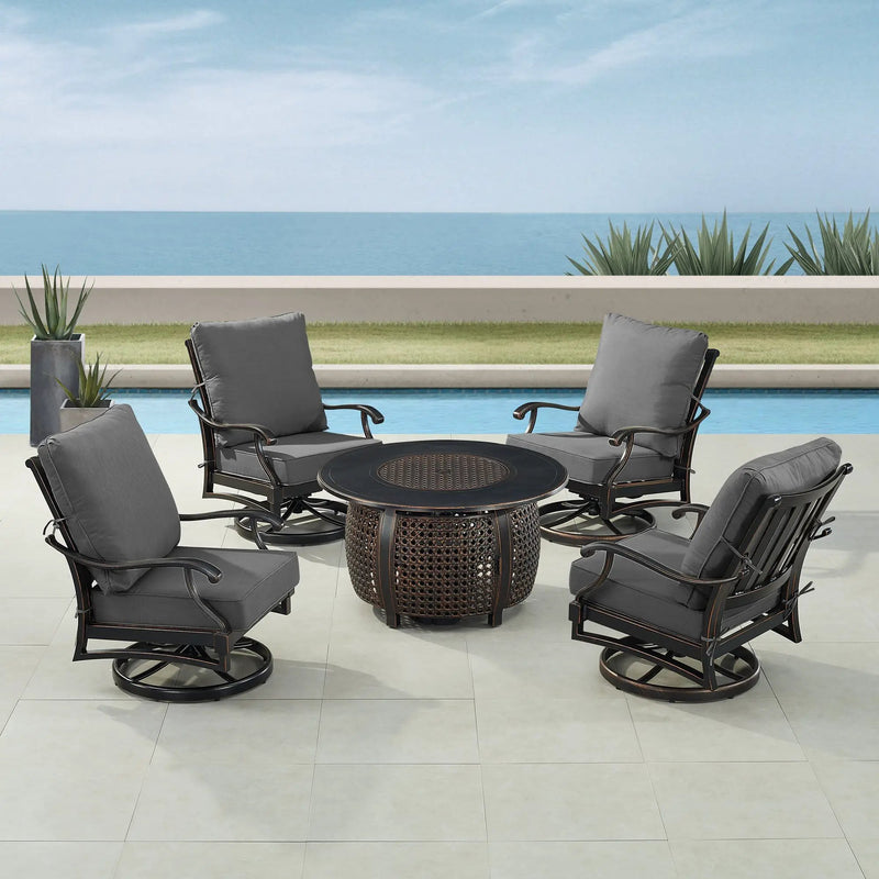 Black Aluminum Fire Table Set with Four Club Chairs by Sharicks