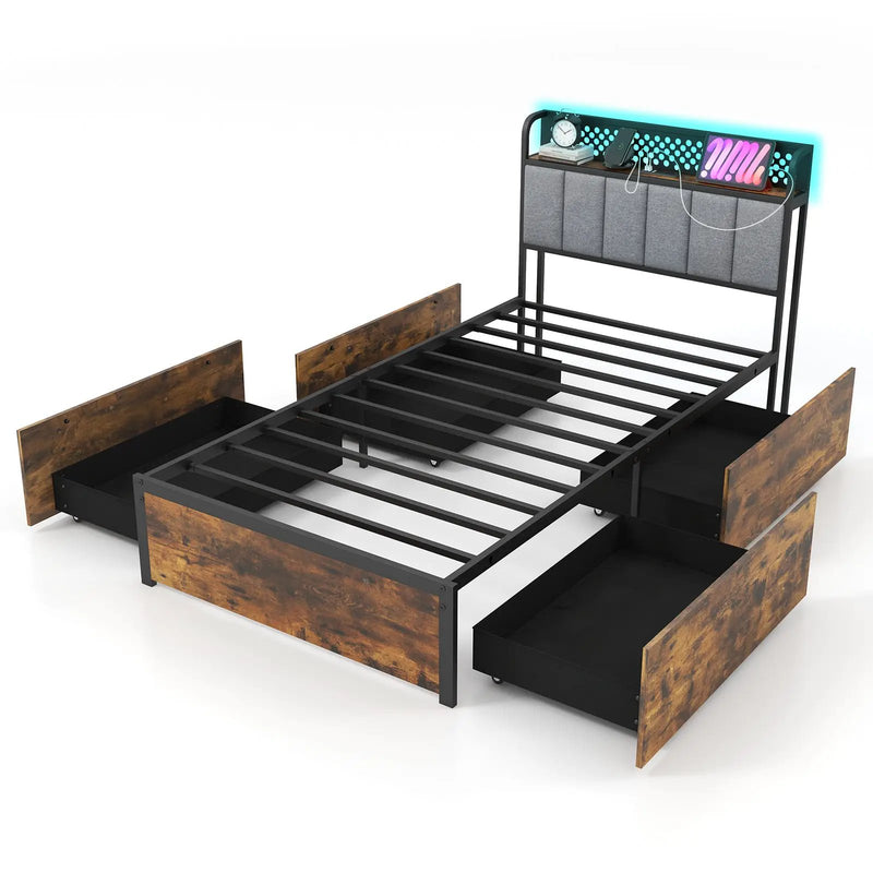 Twin/Full/Queen Bed Frame with LED Lights Upholstered Headboard and 4 Storage Drawers by DirectDeals