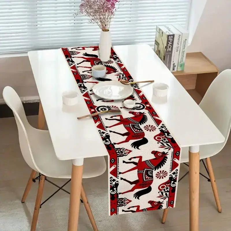 Table Runner - Horse Theme Red Black White by House Of Avana