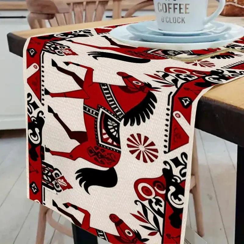 Table Runner - Horse Theme Red Black White by House Of Avana