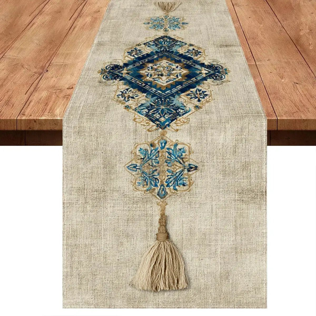 Table Runner - Tassel Printed Blue White by House Of Avana