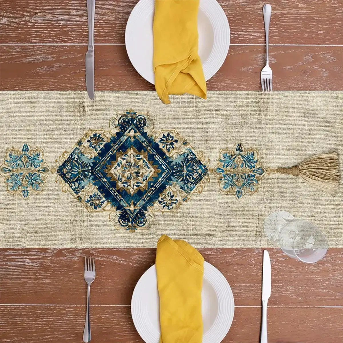 Table Runner - Tassel Printed Blue White by House Of Avana