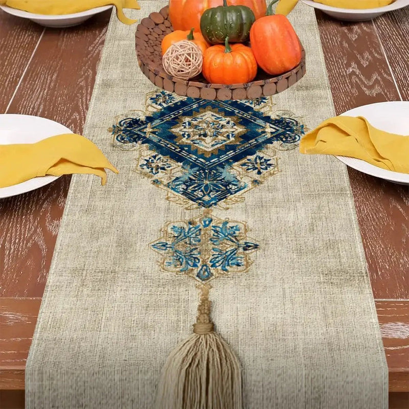 Table Runner - Tassel Printed Blue White by House Of Avana