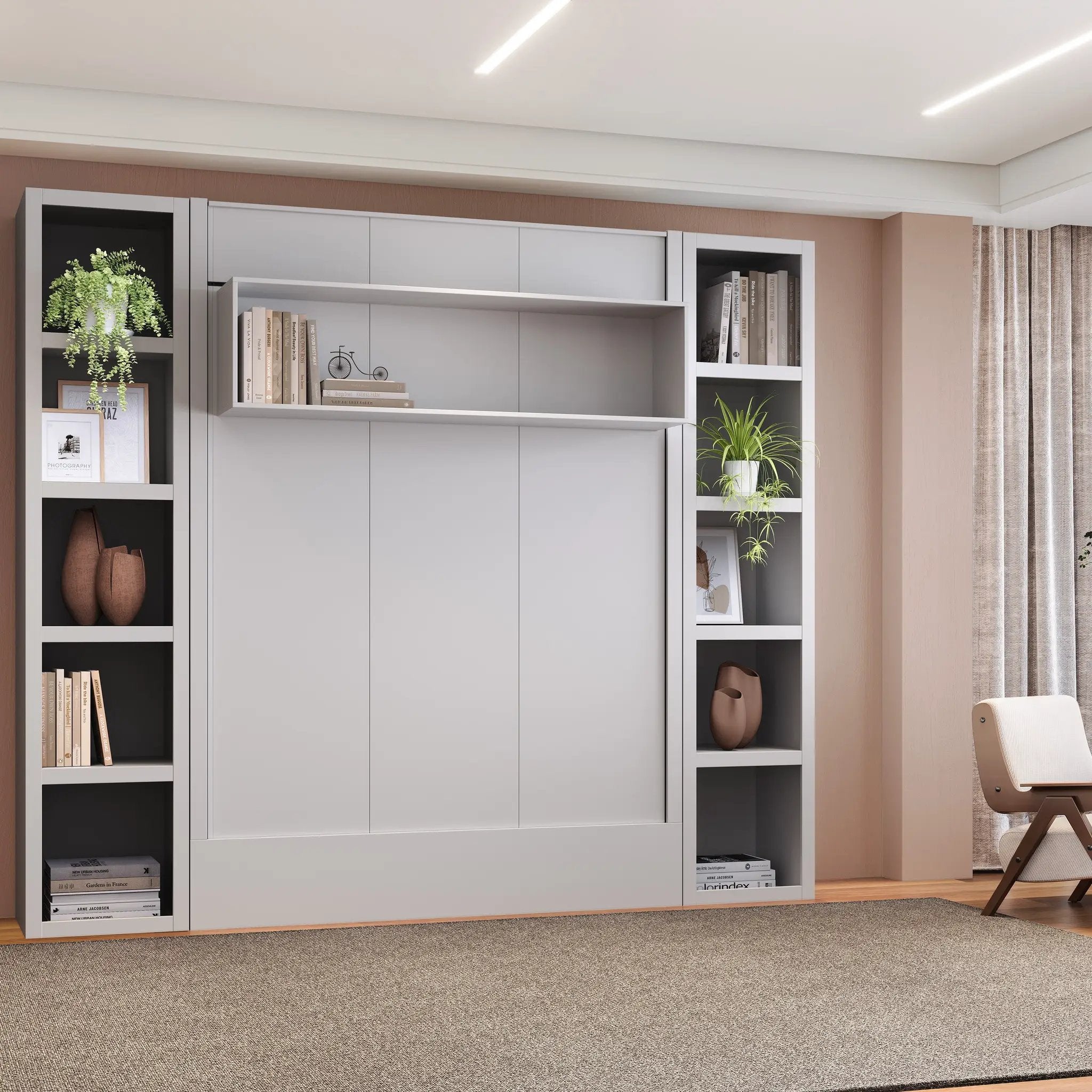 Easy-Lift Full Murphy Wall Bed in White with Two Bookshelves by Sharicks