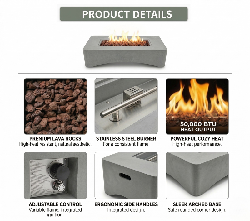 56' Propane Fire Pit Table - Rectangular Outdoor Gas Fire Pit, photo 13 of 15