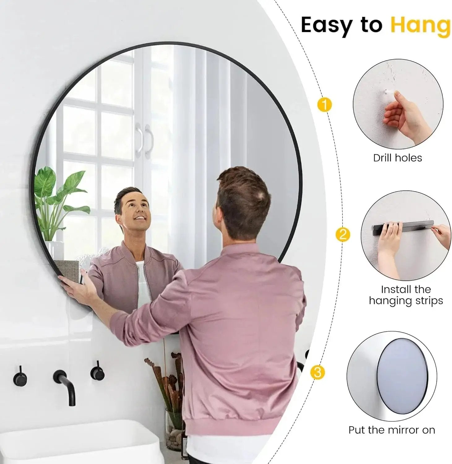 Takywep 24 Inch Round Mirror with 20mm Black Aluminum Frame - Shatter-Resistant Fogless Glass, -Fog Technology-Free (No Installation Required), Wall-Mounted Large Circle Mirror for Bathroom, Bedroom, Living Room, Entryway - M by House Of Avana