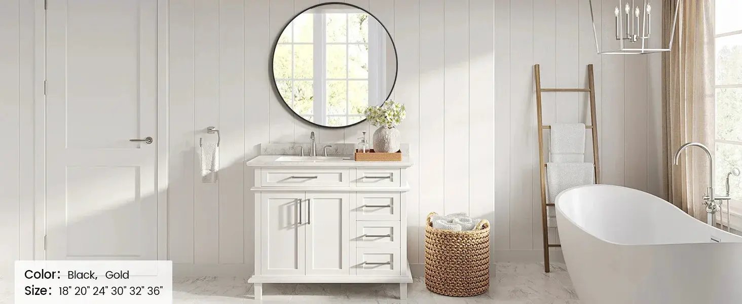 Takywep 24 Inch Round Mirror with 20mm Black Aluminum Frame - Shatter-Resistant Fogless Glass, -Fog Technology-Free (No Installation Required), Wall-Mounted Large Circle Mirror for Bathroom, Bedroom, Living Room, Entryway - M by House Of Avana