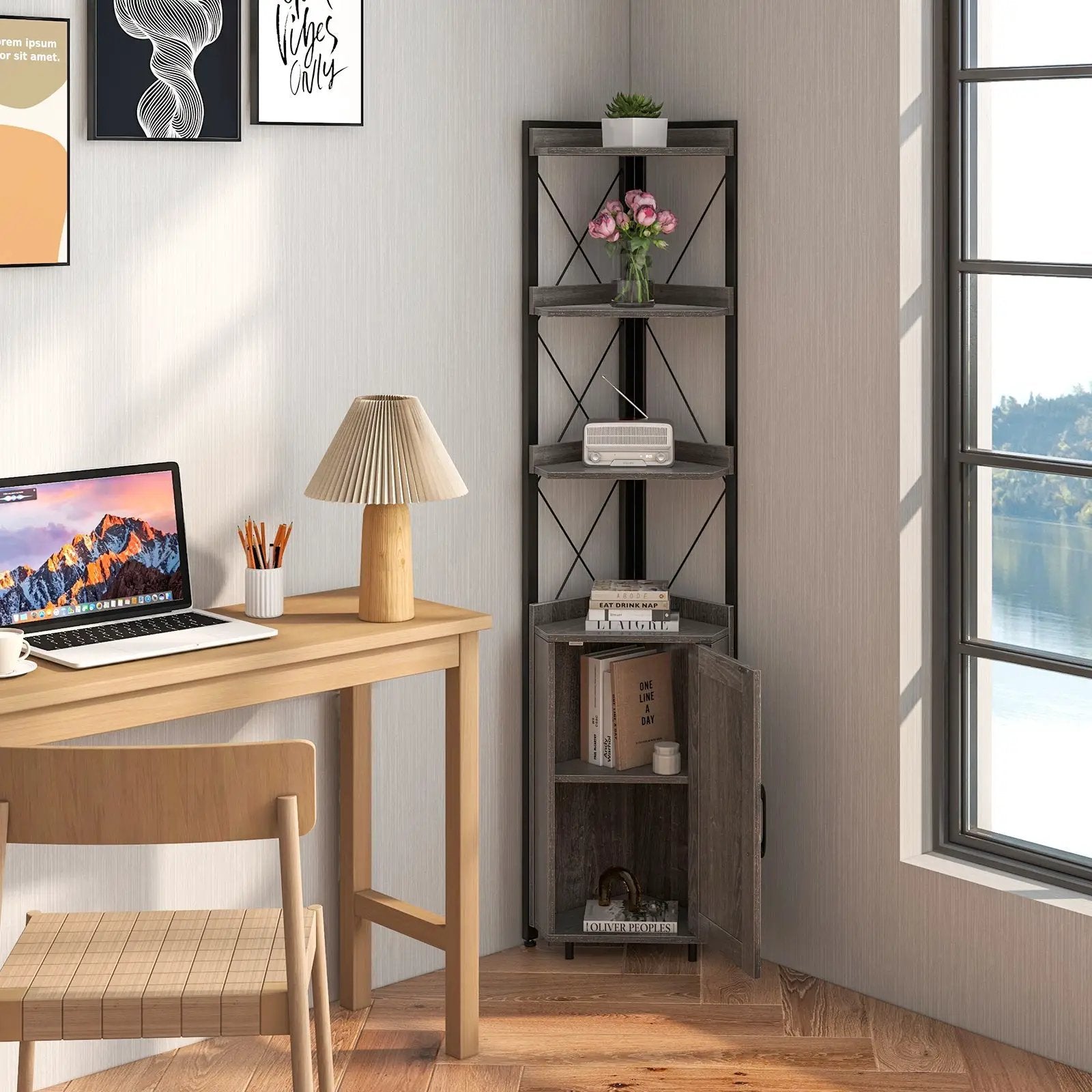 Tall Corner Storage Cabinet with 3-Tier Shelf and Enclosed Cabinet by DirectDeals