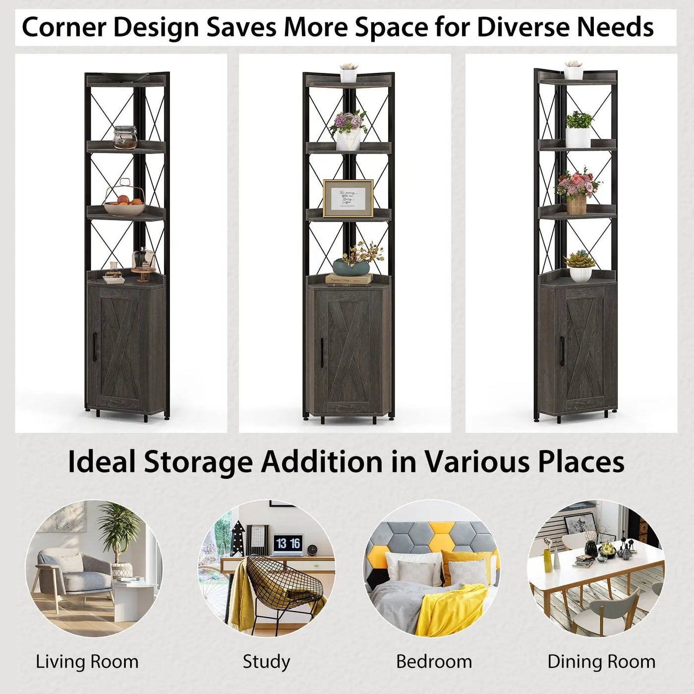 Tall Corner Storage Cabinet with 3-Tier Shelf and Enclosed Cabinet by DirectDeals